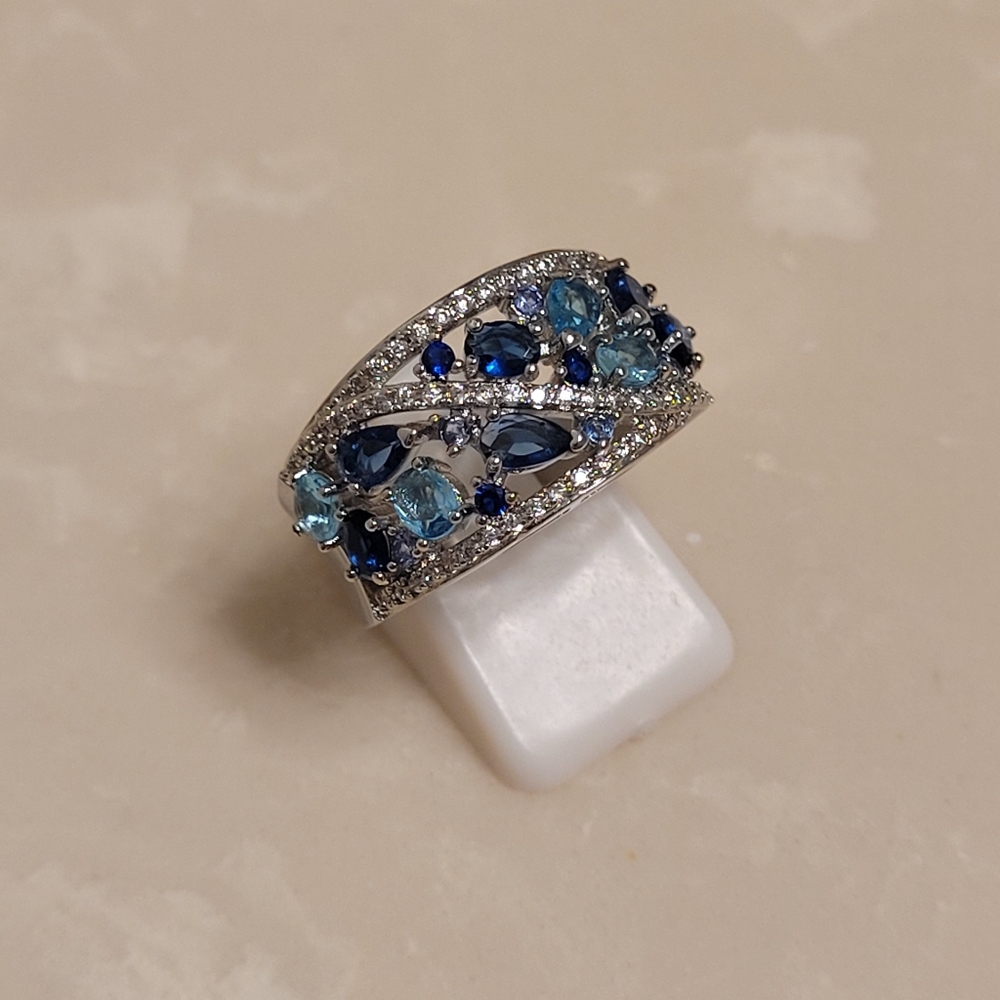 925 Silver CZ Aquamarine and Sapphire Cluster Ring Size 7.5 - Picture 2 of 7